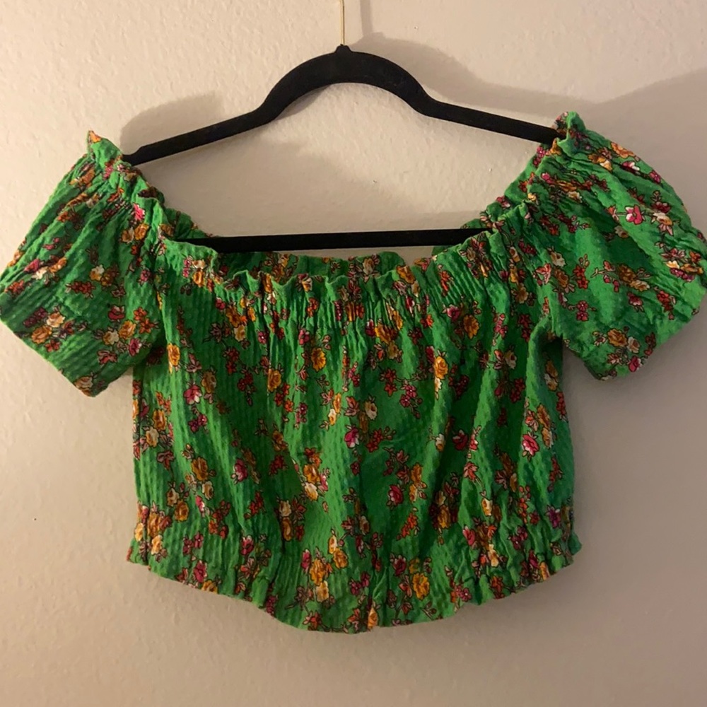 Topshop off the shoulder green floral crop top